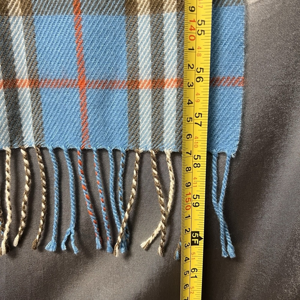 Hand Tailored 100% Cashmere Fringe Scarf Tartan Blue/ Brown / Orange Germany VTG - Picture 8 of 8